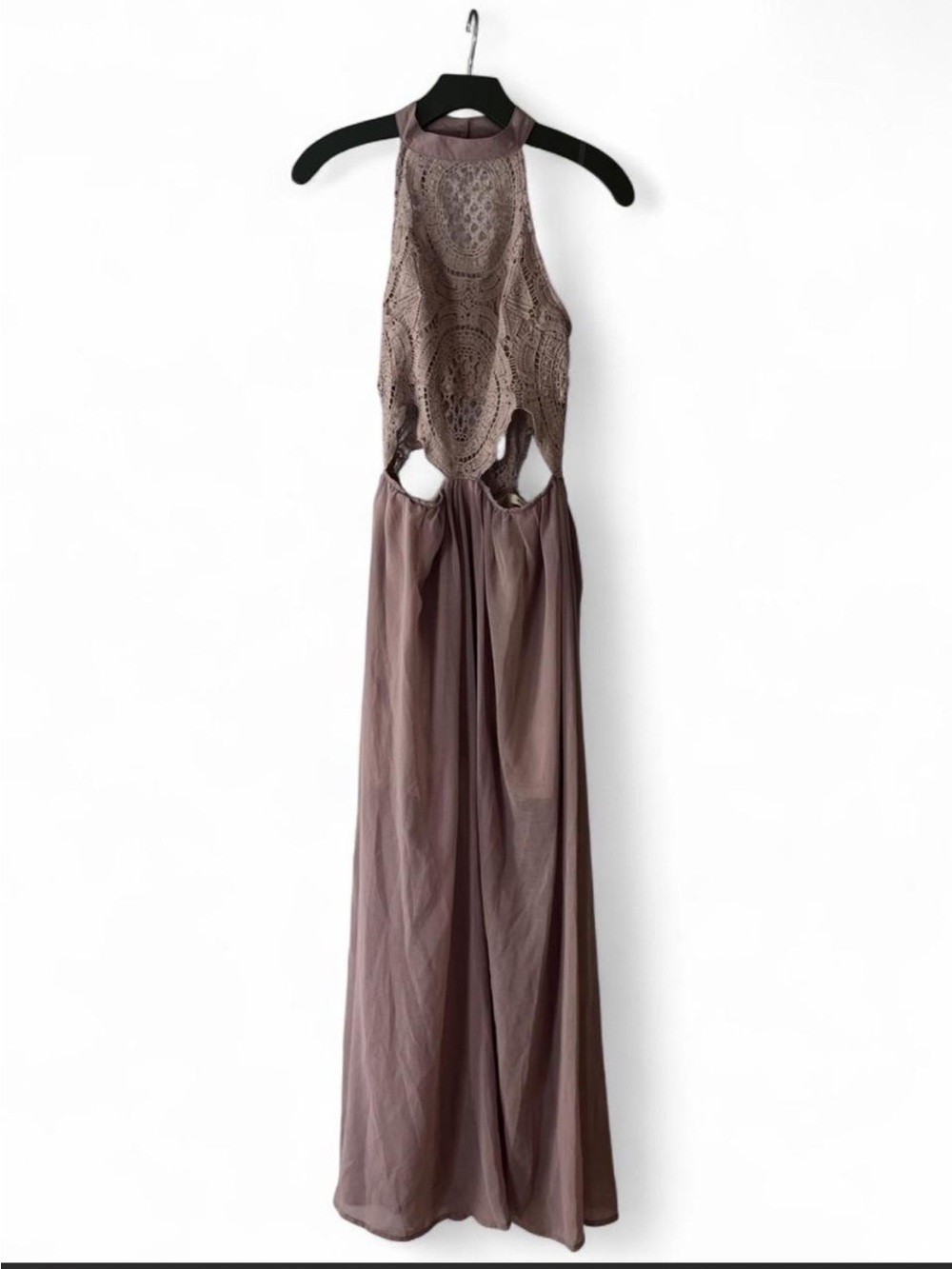 Mind Code Dusty Pink Taupe Crochet Halter Backless Maxi Dress